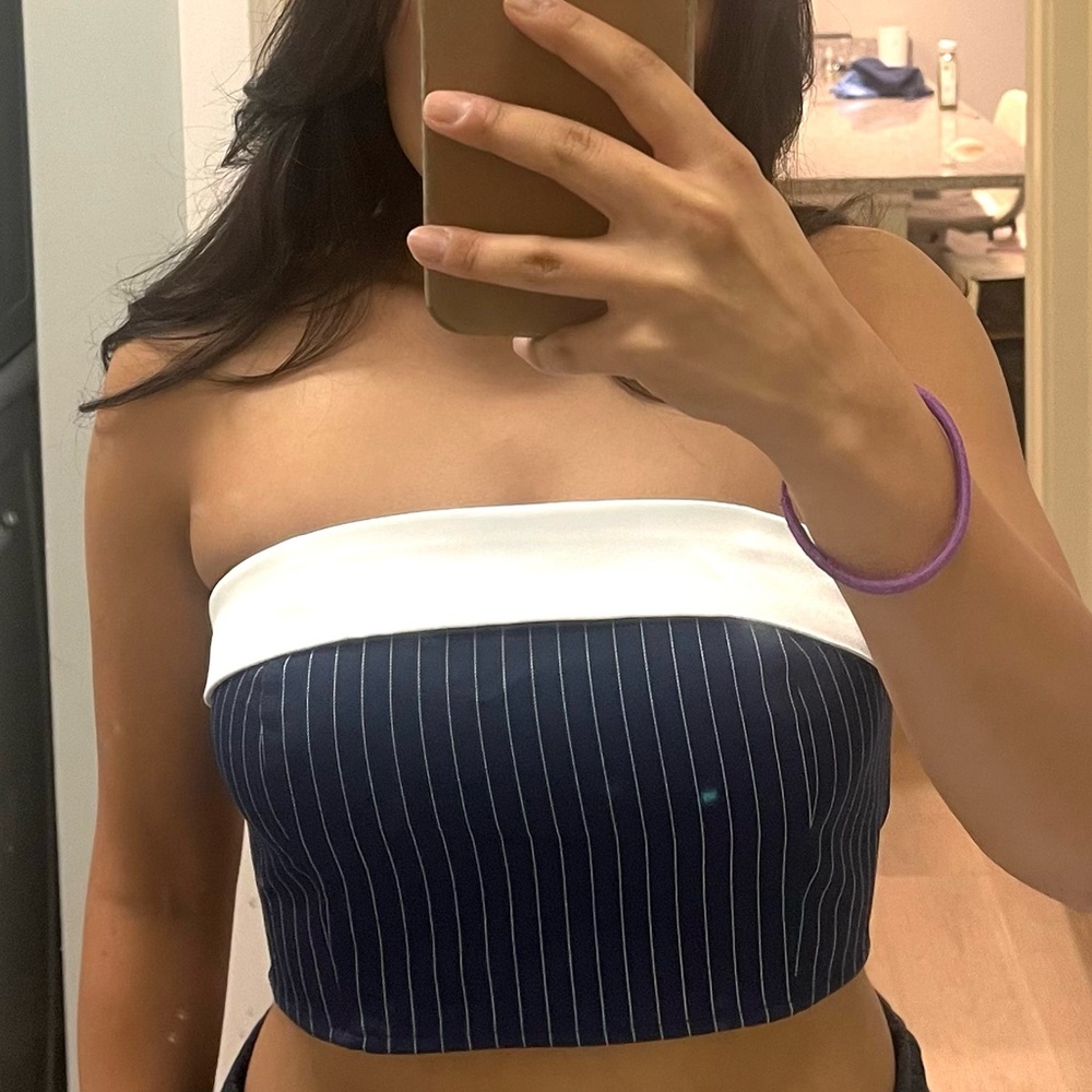 La Hearts Navy and White Strapless Crop Top